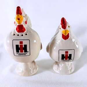 International Harvester Salt Pepper Shakers White Rooster Hen Farm Logo Set